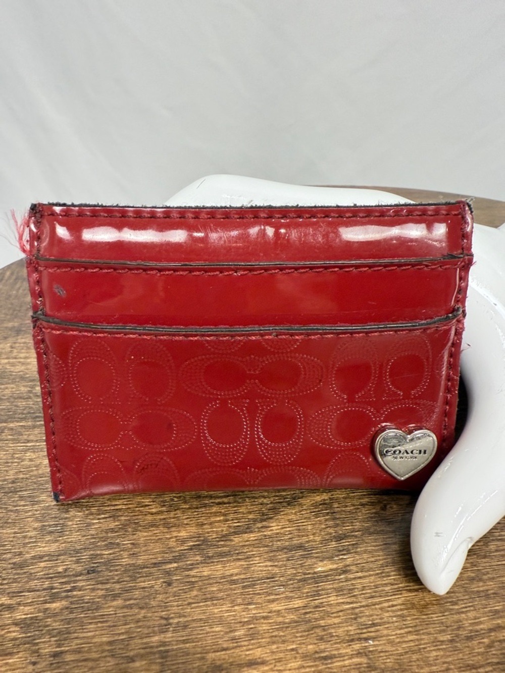 ❤️Coach Red Patent Card Case with Silver Heart Charm